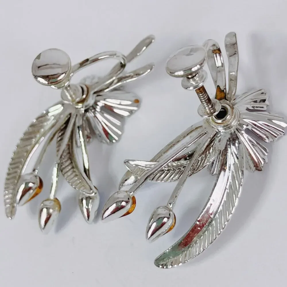 Vintage Mid Century Floral Spray Earrings Silver Tone Blue Rhinestone Screwback